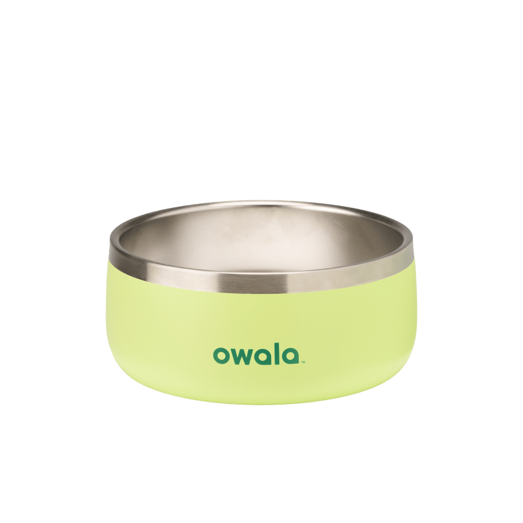 Pet Bowl 6-cup in Trailside Tricks; matte coral orange cup exterior with stainless steel interior rim and cream Owala logo on front