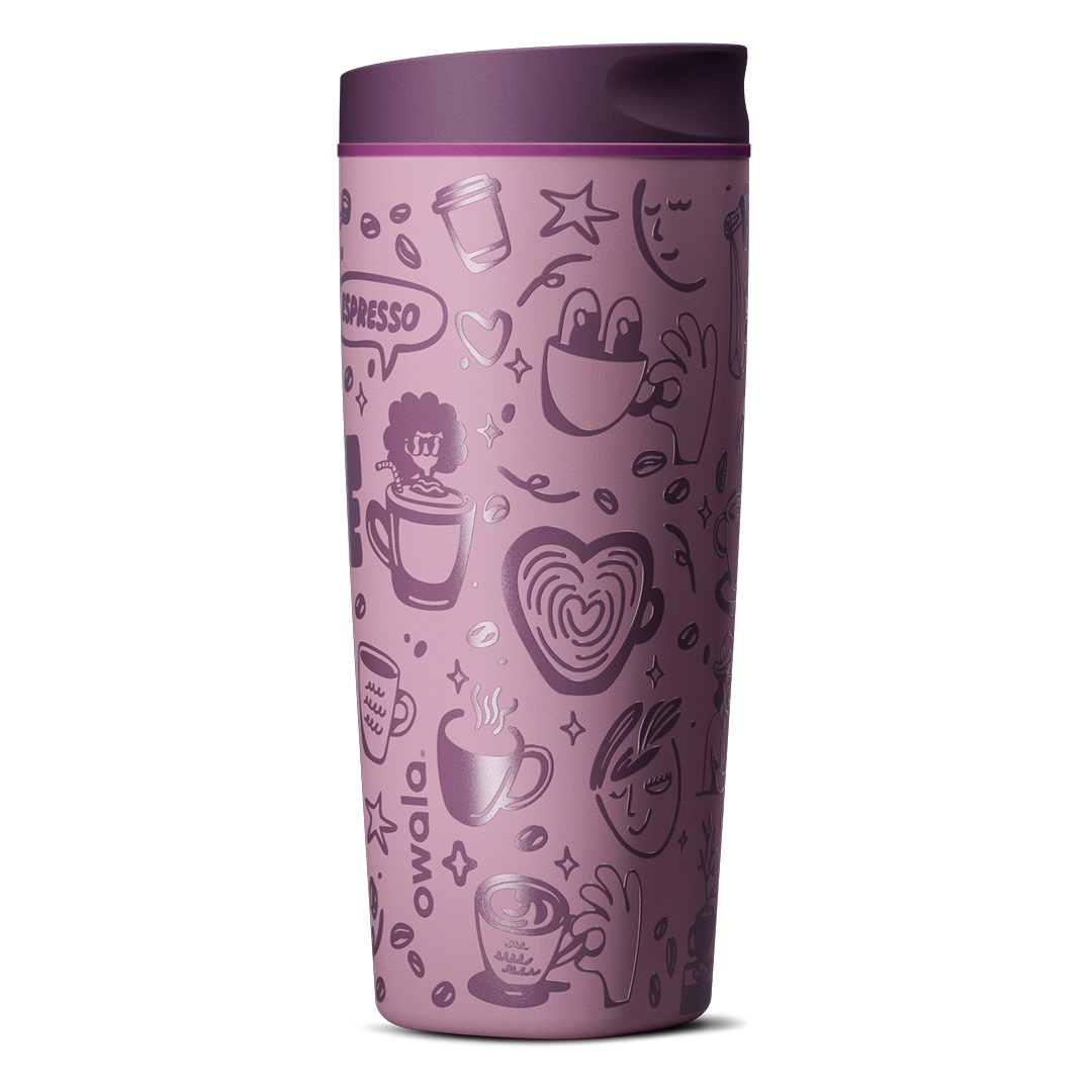 Owala SmoothSip Slider 20oz, mauve purple body with coffee-themed illustrations, dark purple lid with mauve slider button